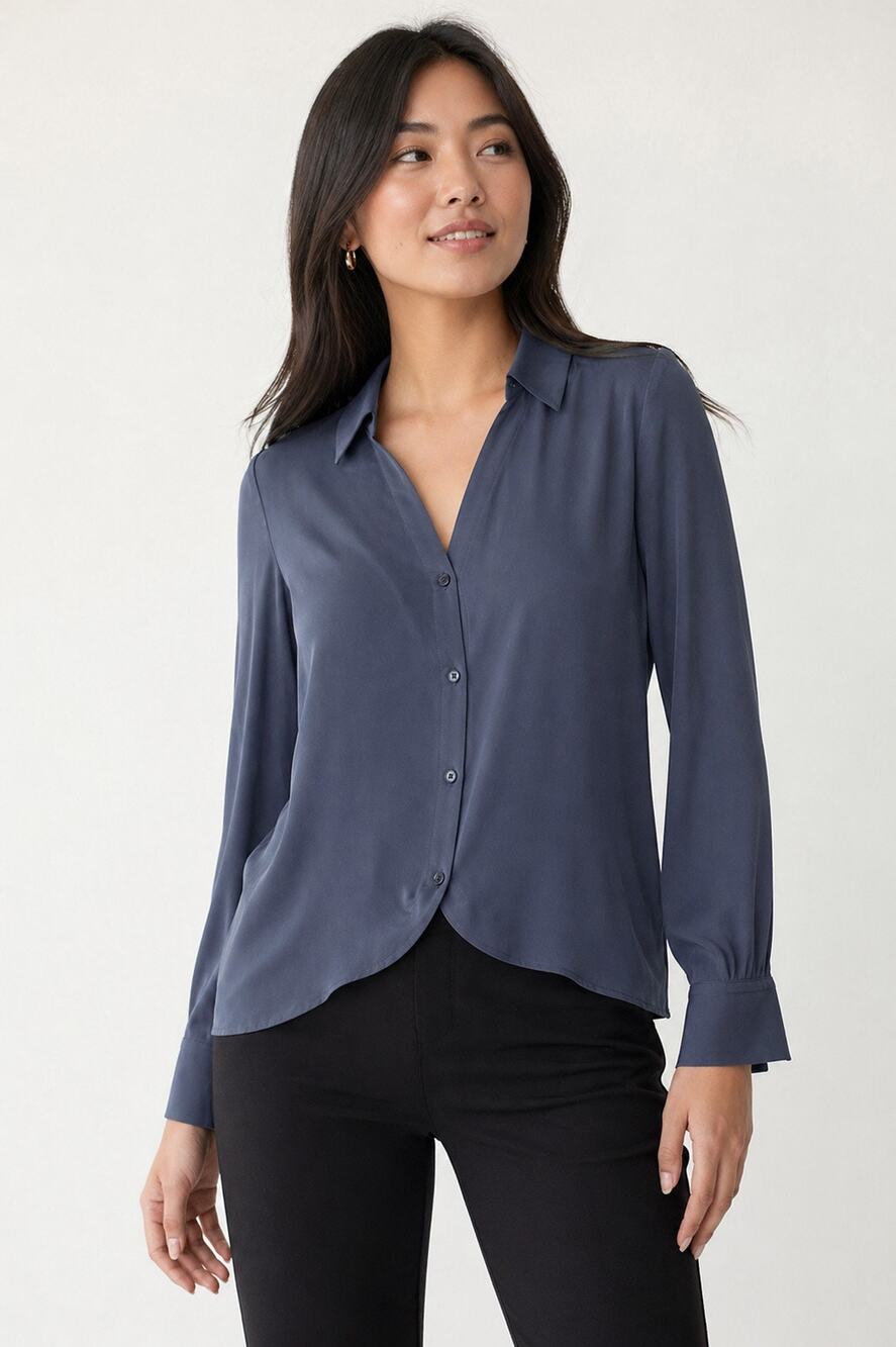 Madeleine Silk Blend Blue Button Front Blouse Long Sleeve NWT US 6 EU 36